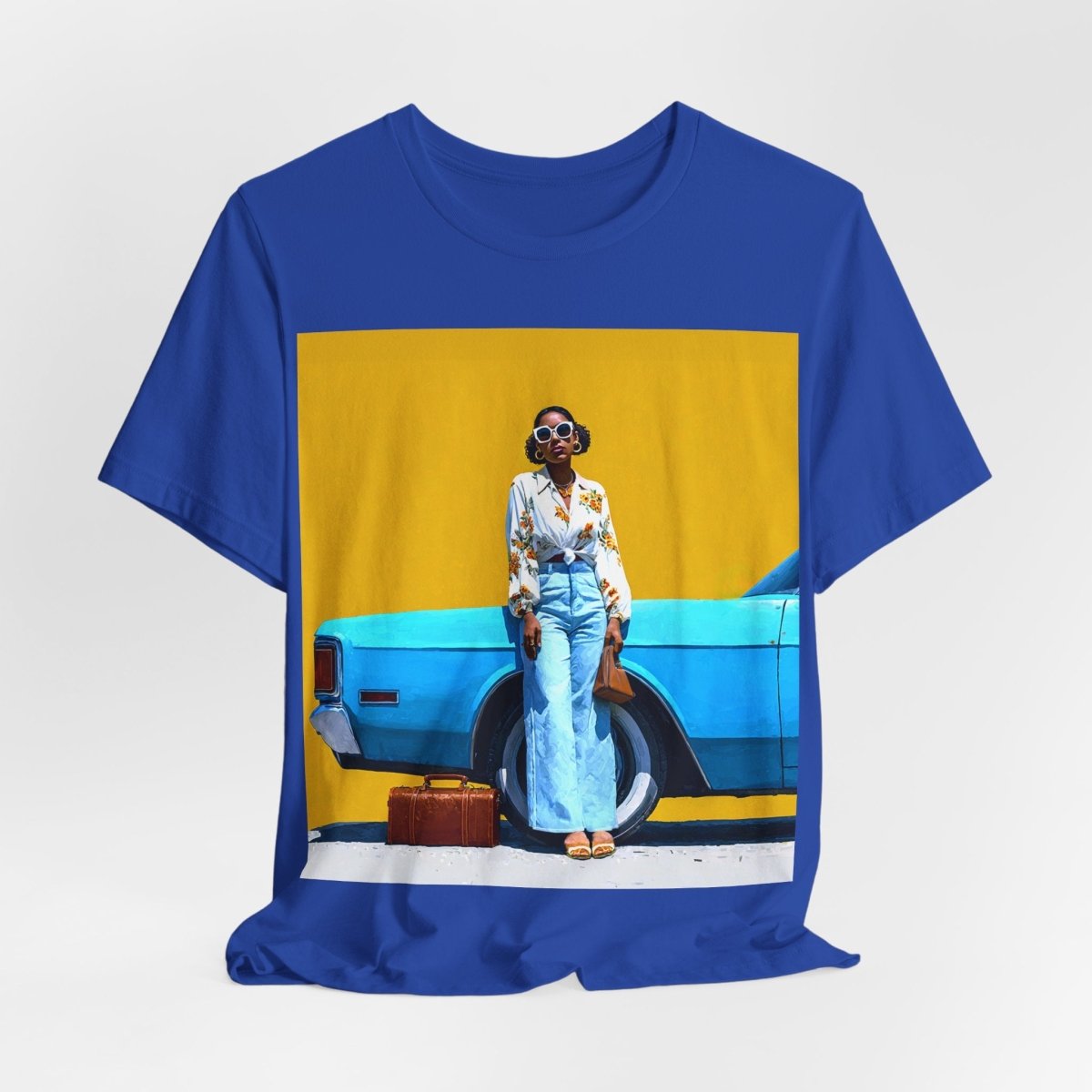 Woman with Blue Car T-Shirt - Afrocentric Art by The Trini Gee