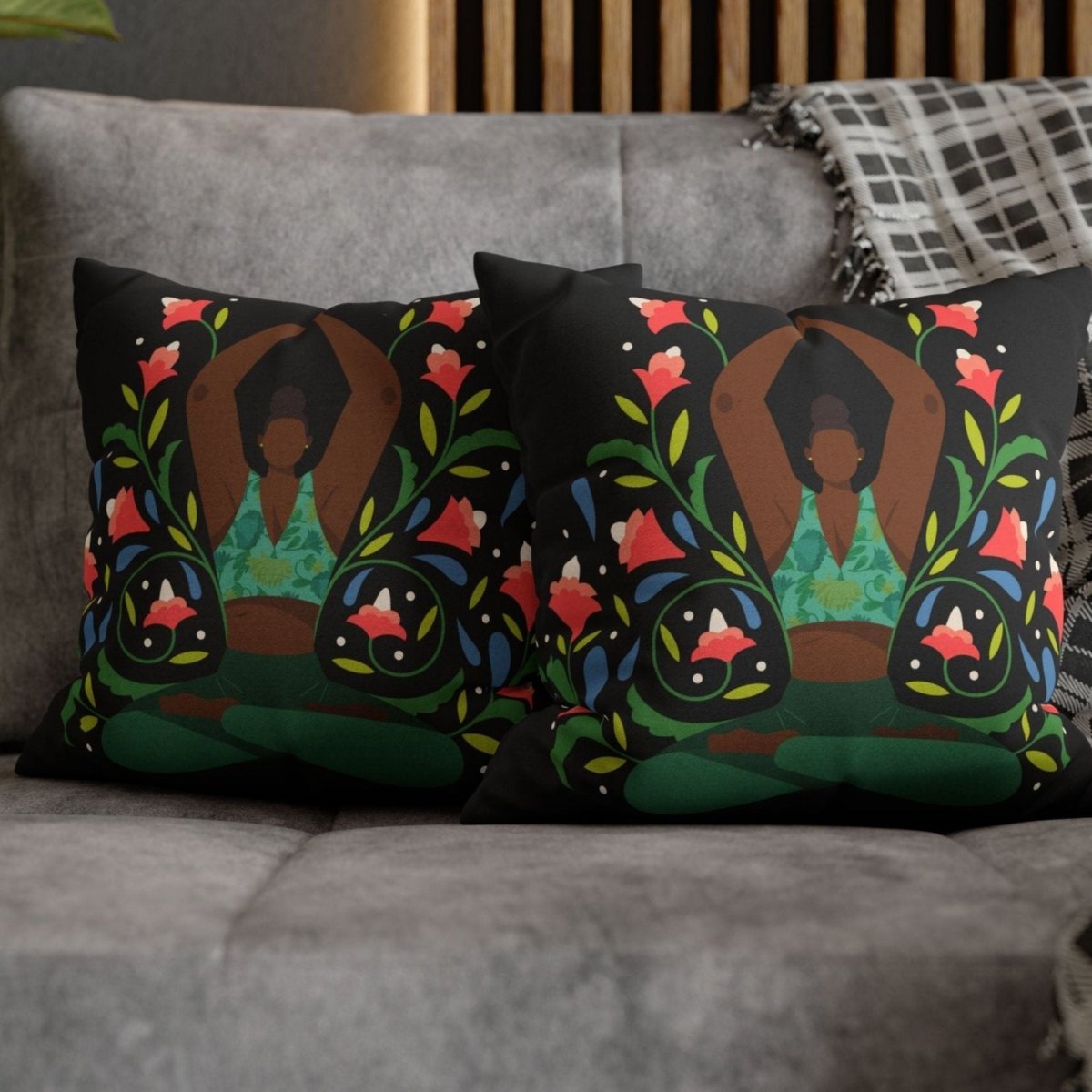 Yoga Pose Floral Pillow - Afrocentric Art by The Trini Gee