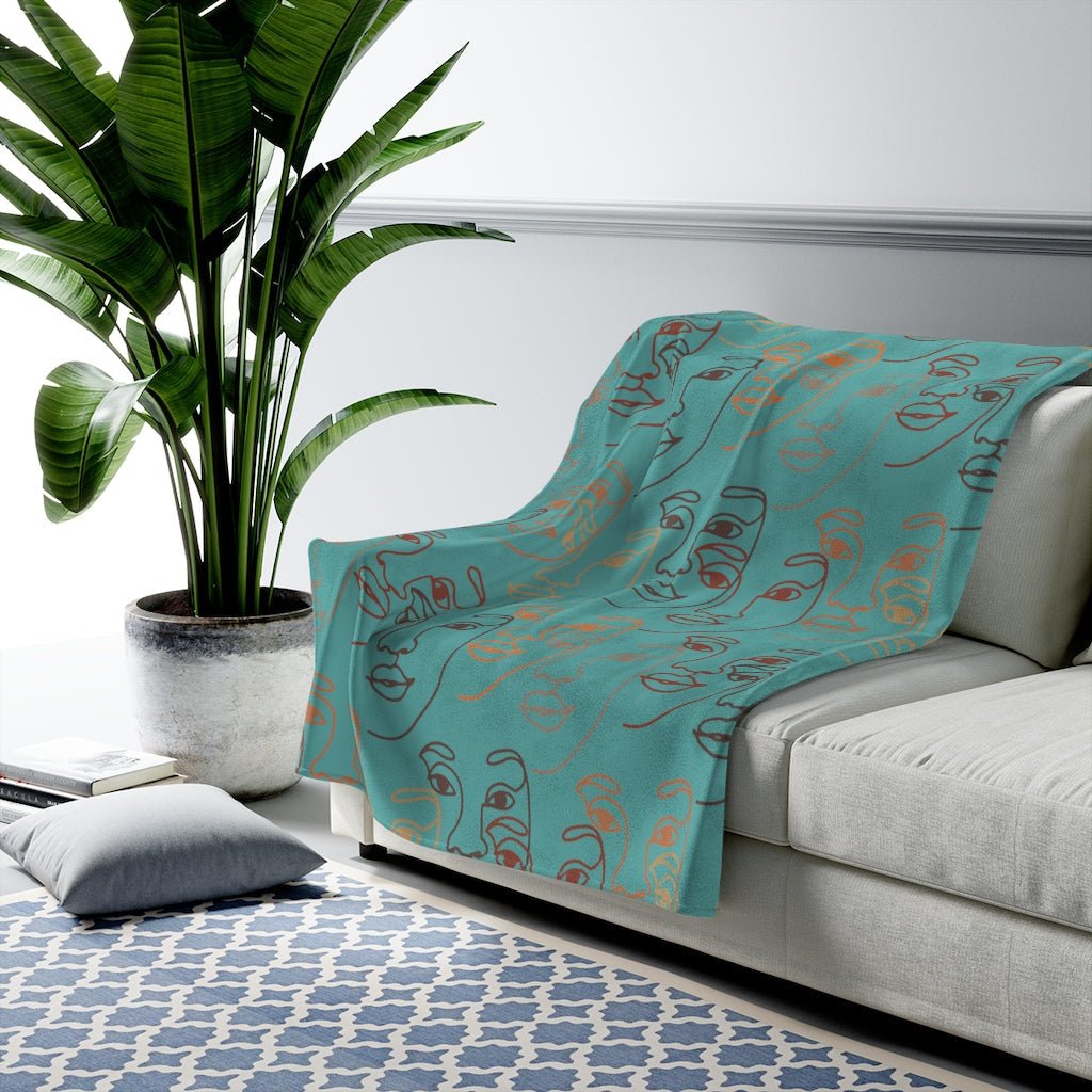 Lined Faces Teal Blanket-The Trini Gee